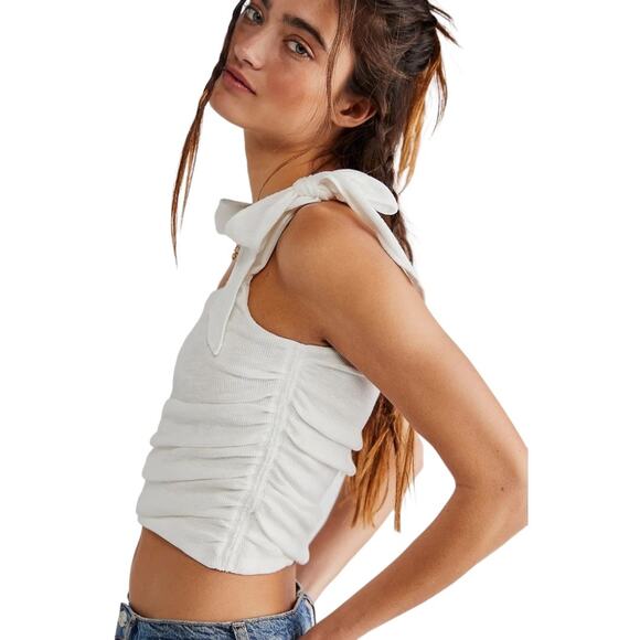 Free People Boulevard Tank Large New Ivory Ruched Tie Shoulder Top Boho Classic - Picture 2 of 8